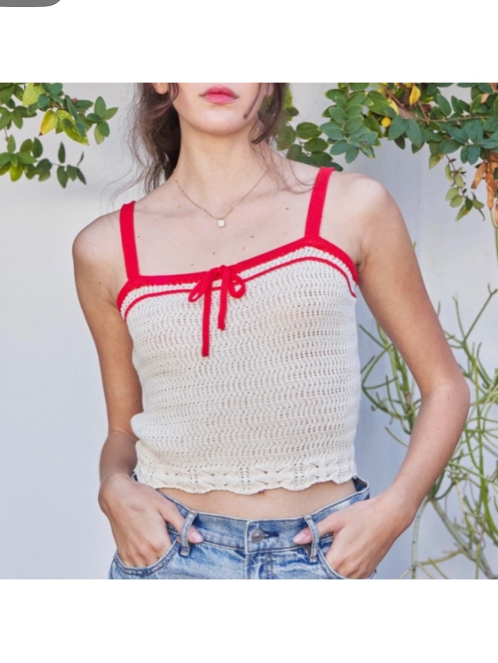 Cotton Crochet Camisole in Cream with Red Trim